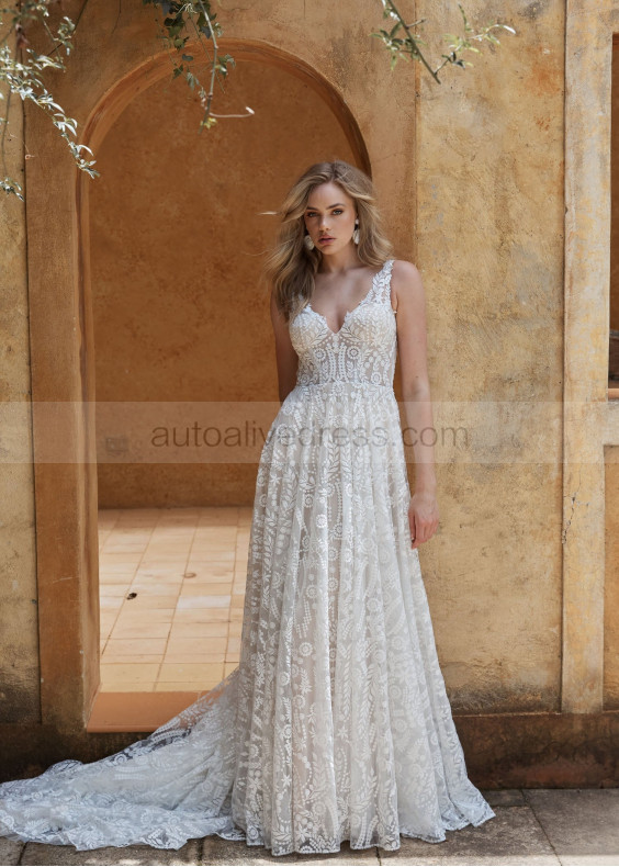V Neck Ivory Embroidered Lace Tulle Unusual Wedding Dress